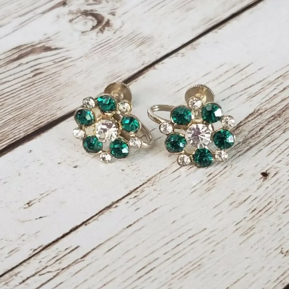 Vintage Screw On Earrings - Green & Clear Gems Flower Shape